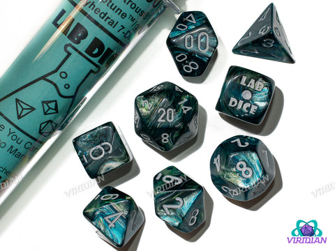 Lustrous Neptune with Grey | Dark Blue, Green Swirls | Lab 9 (July 2025) | Chessex Dice Set (7+1 Bonus Die)