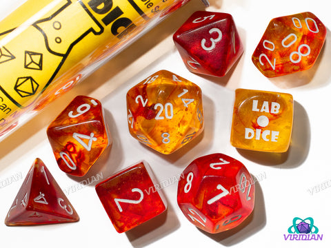 Nebula Molten with White | Red, Orange, & Yellow Swirls | Lab 9 (July 2025) | Chessex Dice Set (7+1 Bonus Die)