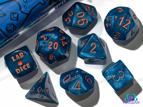 Borealis Midnight with Copper | Dark Blue Glittery | Lab 9 (July 2025) | Chessex Dice Set (7+1 Bonus Die)