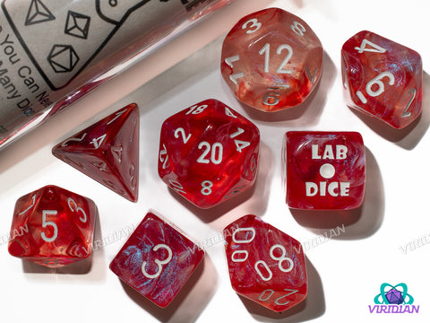 Borealis Passion with White | Red & Transparent Swirls | Lab 9 (July 2025) | Chessex Dice Set (7+1 Bonus Die)
