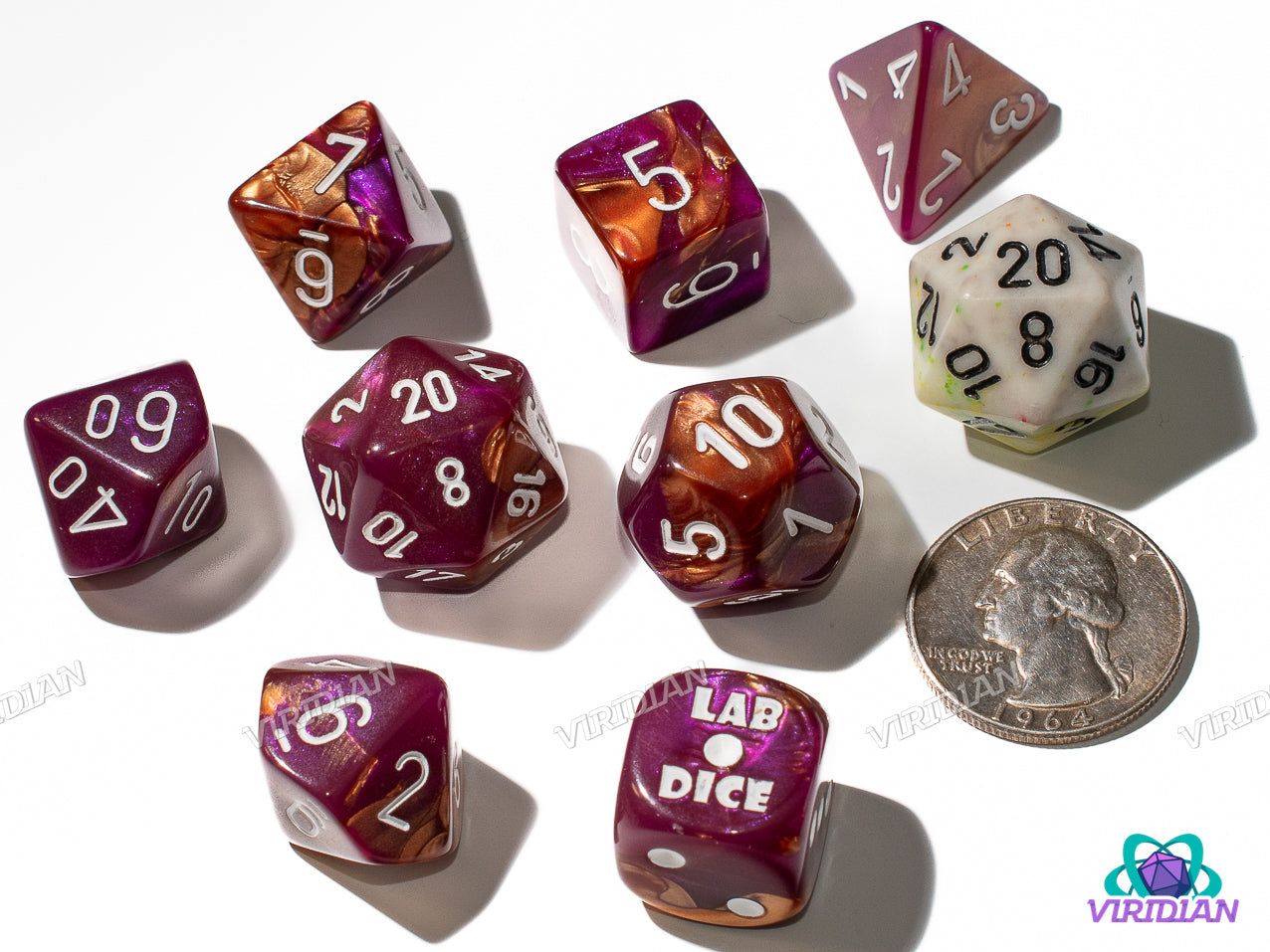 Gemini Copper-Purple with White (discontinued) | Magenta & Brown Swirls | Lab 9 (July 2025) | Chessex Dice Set (7+1 Bonus Die)