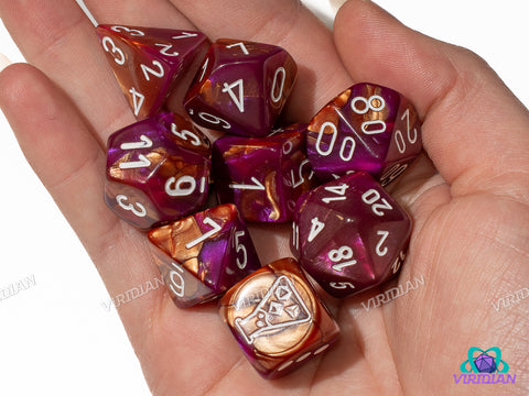 Gemini Copper-Purple with White | Magenta & Brown Swirls | Lab 9 (July 2025) | Chessex Dice Set (7+1 Bonus Die)