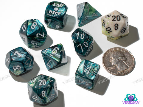 Lustrous Neptune with Grey | Dark Blue, Green Swirls | Lab 9 (July 2025) | Chessex Dice Set (7+1 Bonus Die)