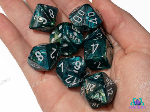 Lustrous Neptune with Grey | Dark Blue, Green Swirls | Lab 9 (July 2025) | Chessex Dice Set (7+1 Bonus Die)