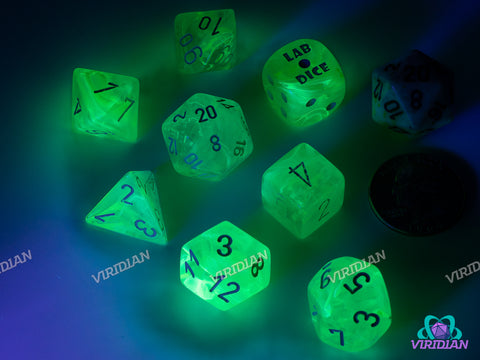 Nebula Gelatinous with White | Neon Green Swirls | Lab 9 (July 2025) | Chessex Dice Set (7+1 Bonus Die)