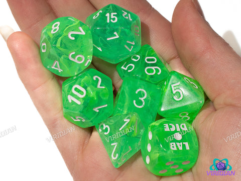 Nebula Gelatinous with White | Neon Green Swirls | Lab 9 (July 2025) | Chessex Dice Set (7+1 Bonus Die)