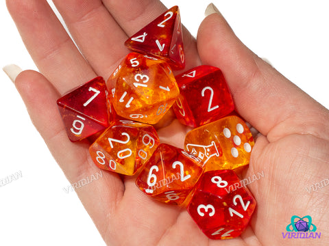 Nebula Molten with White | Red, Orange, & Yellow Swirls | Lab 9 (July 2025) | Chessex Dice Set (7+1 Bonus Die)