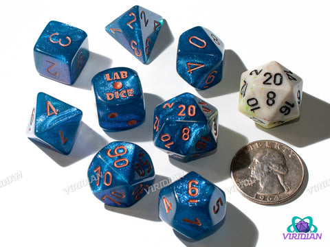 Borealis Midnight with Copper | Dark Blue Glittery | Lab 9 (July 2025) | Chessex Dice Set (7+1 Bonus Die)