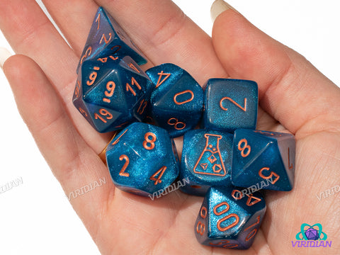 Borealis Midnight with Copper | Dark Blue Glittery | Lab 9 (July 2025) | Chessex Dice Set (7+1 Bonus Die)