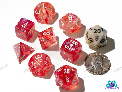 Borealis Passion with White | Red & Transparent Swirls | Lab 9 (July 2025) | Chessex Dice Set (7+1 Bonus Die)