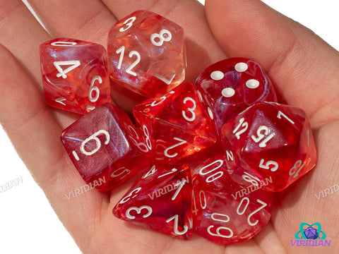 Borealis Passion with White | Red & Transparent Swirls | Lab 9 (July 2025) | Chessex Dice Set (7+1 Bonus Die)
