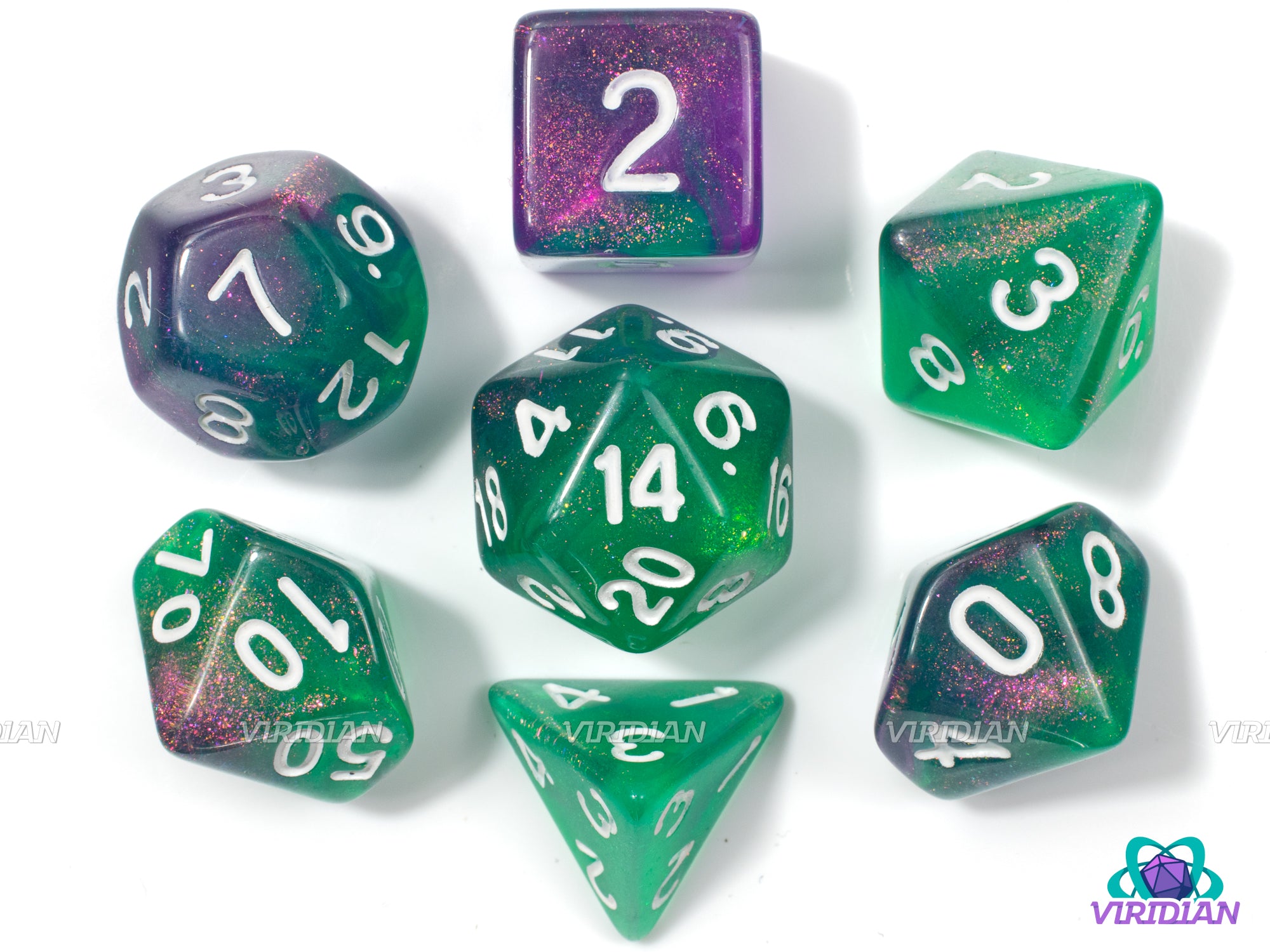 Agonizing Blast | Green, Purple & Gold Glitter Acrylic Dice Set (7) | Dungeons and Dragons (DnD)