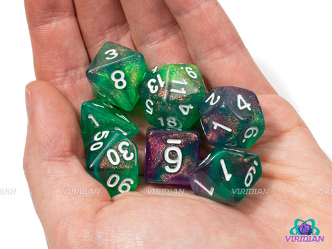 Agonizing Blast | Green, Purple & Gold Glitter Acrylic Dice Set (7) | Dungeons and Dragons (DnD)