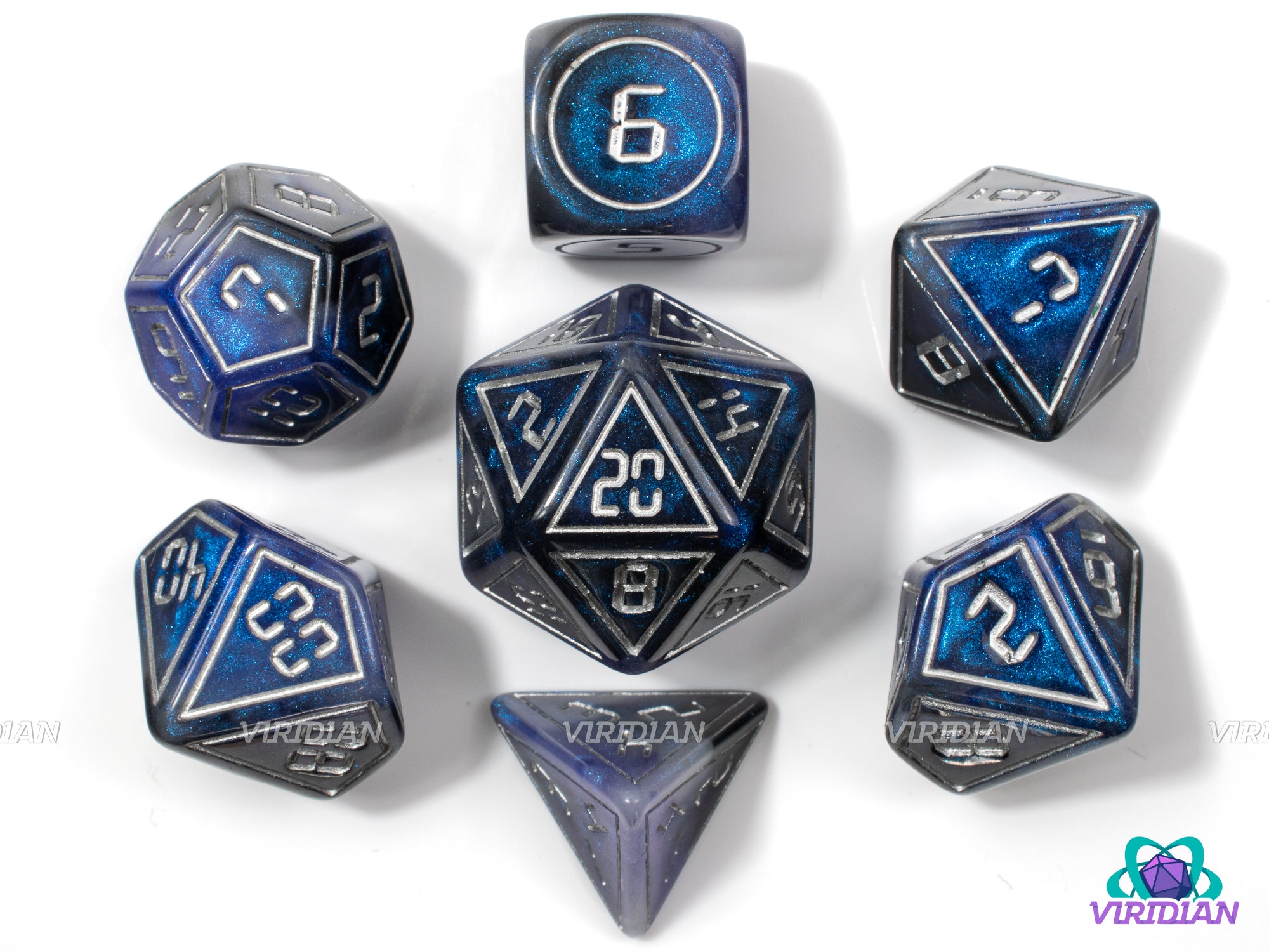 Intergalactic | Blue-Purple and Black, Glittery, Silver Digital Font w Accents | Resin Dice Set (7)