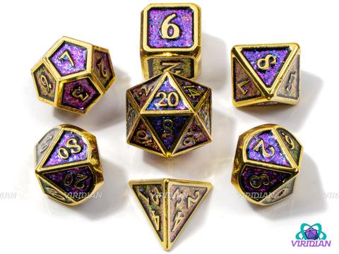 Hypnotic Pattern (Color-Shift) | Blue -> Purple -> Magenta & Gold Iridescent Mica Metal Dice Set (7) | Dungeons and Dragons (DnD)
