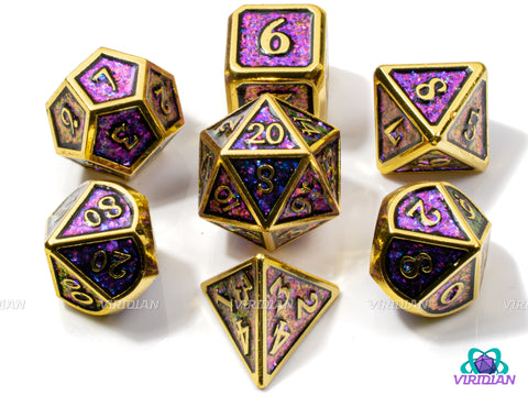 Hypnotic Pattern (Color-Shift) | Blue -> Purple -> Magenta & Gold Iridescent Mica Metal Dice Set (7) | Dungeons and Dragons (DnD)