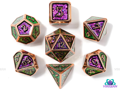 Royal Affair (Color-Shift) | Magenta-Purple -> Yellow -> Green Iridescent Sequined Mica & Gold | Metal Dice Set (7)