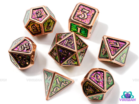 Royal Affair (Color-Shift) | Magenta-Purple -> Yellow -> Green Iridescent Sequined Mica & Gold | Metal Dice Set (7)