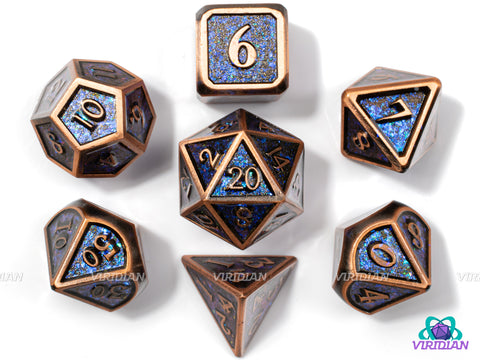 Copper Sparkle | Purple & Blue Iridescent Sequined Metal Dice Set (7) | Dungeons and Dragons (DnD)