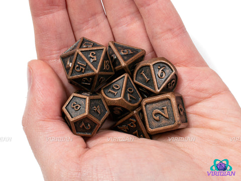 Bracers of Defense | Copper & Matte Stylized Metal Dice Set (7) | Dungeons and Dragons (DnD)