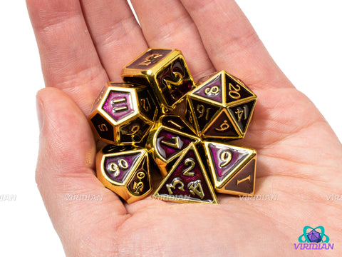Plum and Gold | Reddish Purple Enamel Metal Dice Set (7) | Dungeons and Dragons (DnD)