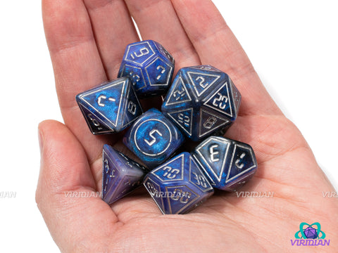 Intergalactic | Blue-Purple and Black, Glittery, Silver Digital Font w Accents | Resin Dice Set (7)