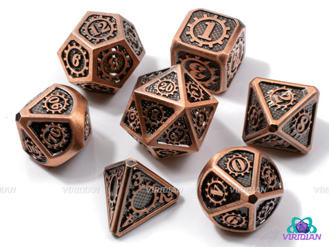 Rusted Gears | Bright Copper Accents, Brown, Gear Design with Textured Background | Metal Dice Set (7)