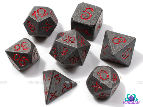 Tarrasque | Hammered Silver-Gray and Red Draconic Script | Metal Dice Set (7) | Dungeons and Dragons (DnD) | Tabletop RPG Gaming