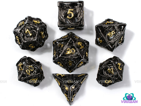 Black Hollow Dragon | Dark Grey-Black, Gold Numbers, Light-Weight | Oversized Metal Dice Set (7)