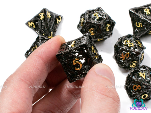 Black Hollow Dragon | Dark Grey-Black, Gold Numbers, Light-Weight | Oversized Metal Dice Set (7)