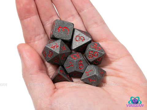 Tarrasque | Hammered Silver-Gray and Red Draconic Script | Metal Dice Set (7) | Dungeons and Dragons (DnD) | Tabletop RPG Gaming