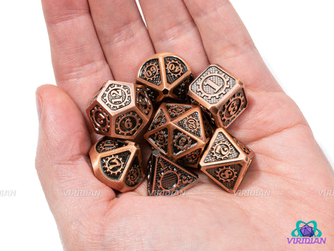 Rusted Gears | Bright Copper Accents, Brown, Gear Design with Textured Background | Metal Dice Set (7)