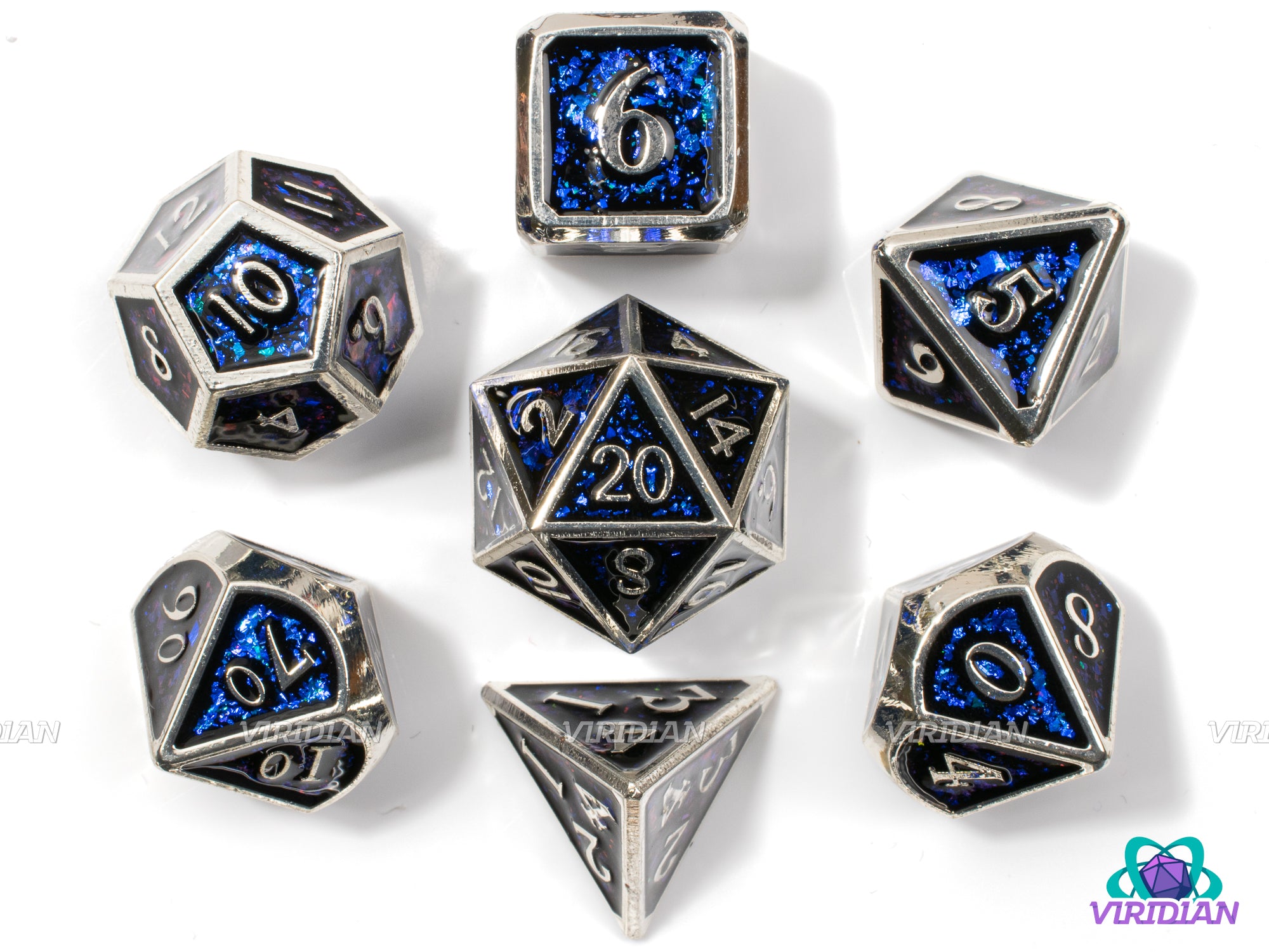 Blue and Silver | Sequined Deep Blue Mica & Black, Silver Gloss | Metal Dice Set (7)