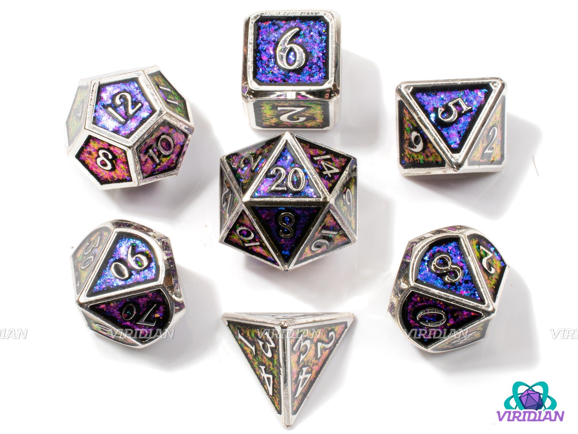 Colors of the Wind (Color-Shift) | Blue -> Purple -> Magenta & Silver Iridescent Mica | Polyhedral Metal Dice Set (7)