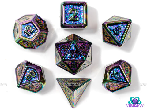 Boogie Wonderland (Color-Shift) | Sequined Blue -> Magenta Mica and Rainbow Iridescent | Metal Dice Set (7)