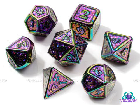 Boogie Wonderland (Color-Shift) | Sequined Blue -> Magenta Mica and Rainbow Iridescent | Metal Dice Set (7)