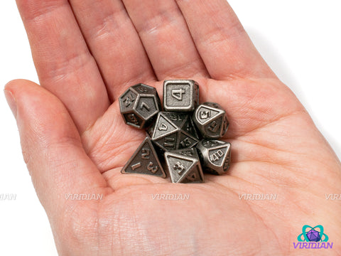 Mini Plated Silver (Distressed) | Tarnished/Aged Gray-Steel and Charcoal | Metal Dice Set (7)