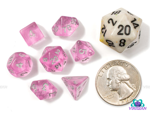 Tiny Pink & Silver | Mini & Translucent, Smol | Acrylic Dice Set (7)