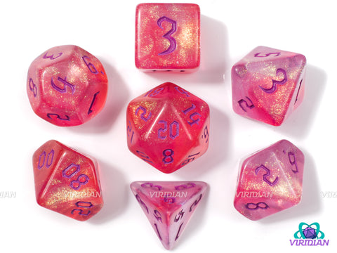 Cheshire Redux | Pink, Orange, Gold Glitter, Gothic Purple Font | Acrylic Dice Set (7)