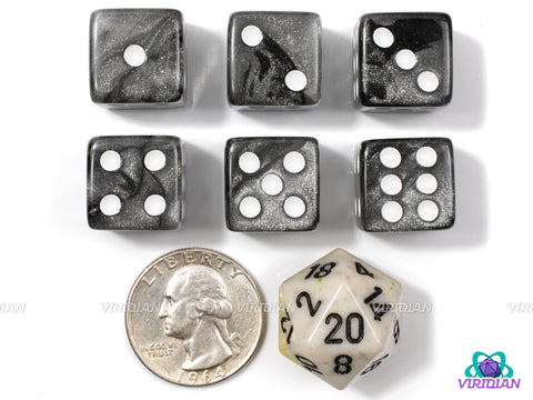 Gunmetal Swirl Pipped D6's | Glittery Grey-Smoke-White | Acrylic D6s (Set of 6)