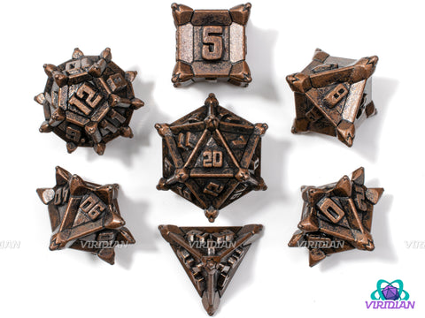 Copper Caltrops | Spikey, Mine-like, Worn/Distressed, Slightly-Shiny Brown/Red-Orange, Unusual | Metal Dice Set (7)