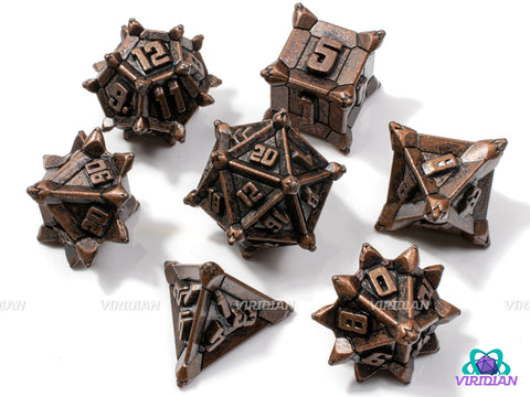 Copper Caltrops | Spikey, Mine-like, Worn/Distressed, Slightly-Shiny Brown/Red-Orange, Unusual | Metal Dice Set (7)