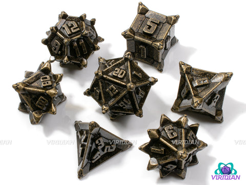 Bronze Caltrops | Spikey, Mine-like, Yellow-Brown Aged Distressed, Unusual | Metal Dice Set (7)