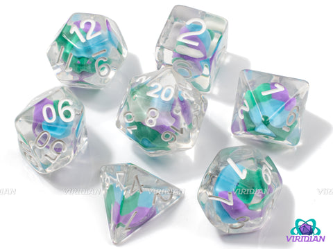 Sour Swirl | Blue, Green, Purple Tri-Color Bead, Clear | Resin Dice Set (7)