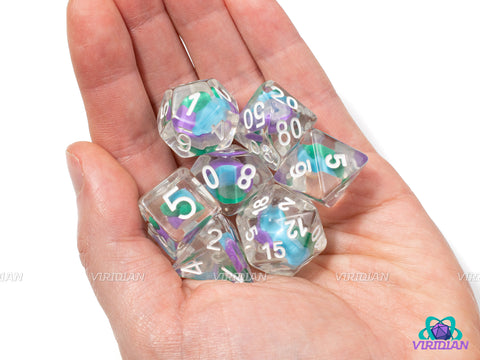 Sour Swirl | Blue, Green, Purple Tri-Color Bead, Clear | Resin Dice Set (7)