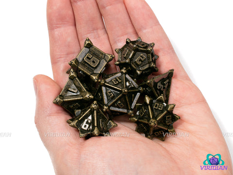 Bronze Caltrops | Spikey, Mine-like, Yellow-Brown Aged Distressed, Unusual | Metal Dice Set (7)