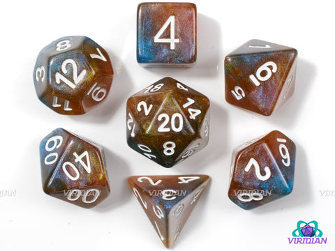 Cerulean Swirls | Orange and Blue Galaxy Glittery Resin Dice Set (7) | Dungeons and Dragons (DnD)