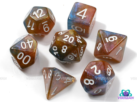 Cerulean Swirls | Orange and Blue Galaxy Glittery Resin Dice Set (7) | Dungeons and Dragons (DnD)