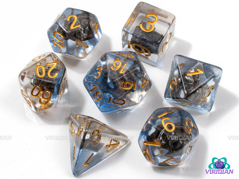 Ghost Ship | Pirate Sailing Ship (PSS) Inside, Blue Base, Clear | Resin Dice Set (7)