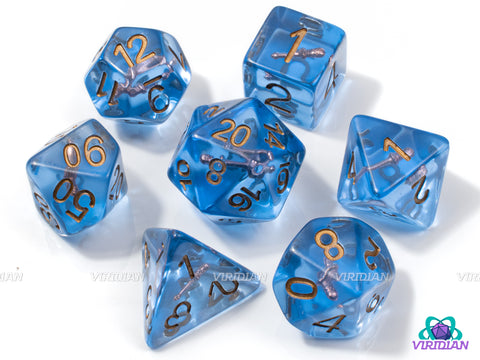 Magic Missile | Wizard's Staff/Wand Inside, Blue-Translucent Dice with Gold Ink | Resin Dice Set (7)